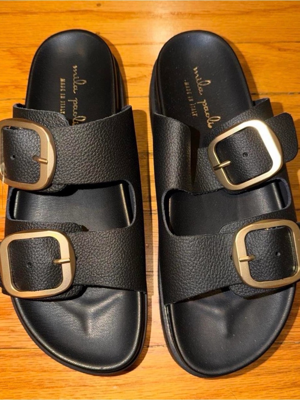 Mila Paoli Black Kids Slide Sandals with Gold Buckles